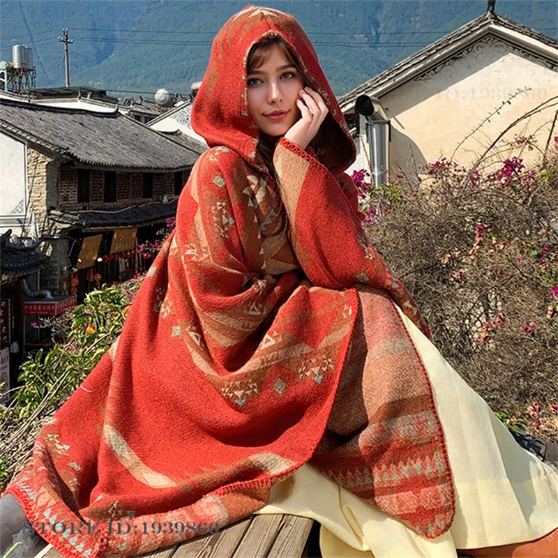 Hooded Warmth Scarf Shawl Cape - Woven Scarf Blanket ulasan dan harga